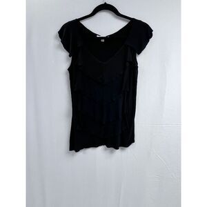 CAbi Womens Flutter Sleeve Scoop neck Ruffled Blouse Black 100% Rayon Medium